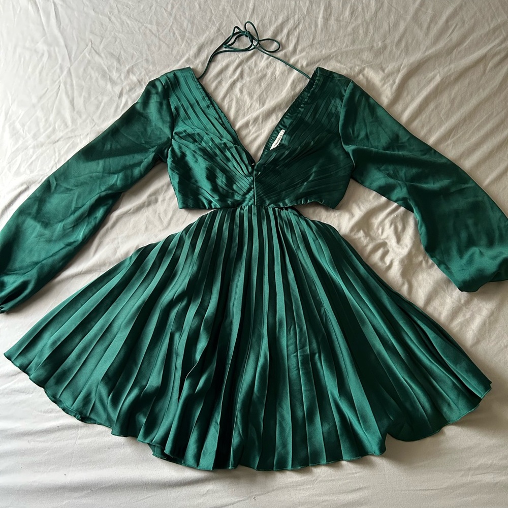Dark Green Abercrombie & Fitch Long Sleeve Pleated Mini Dress with Side Cutouts